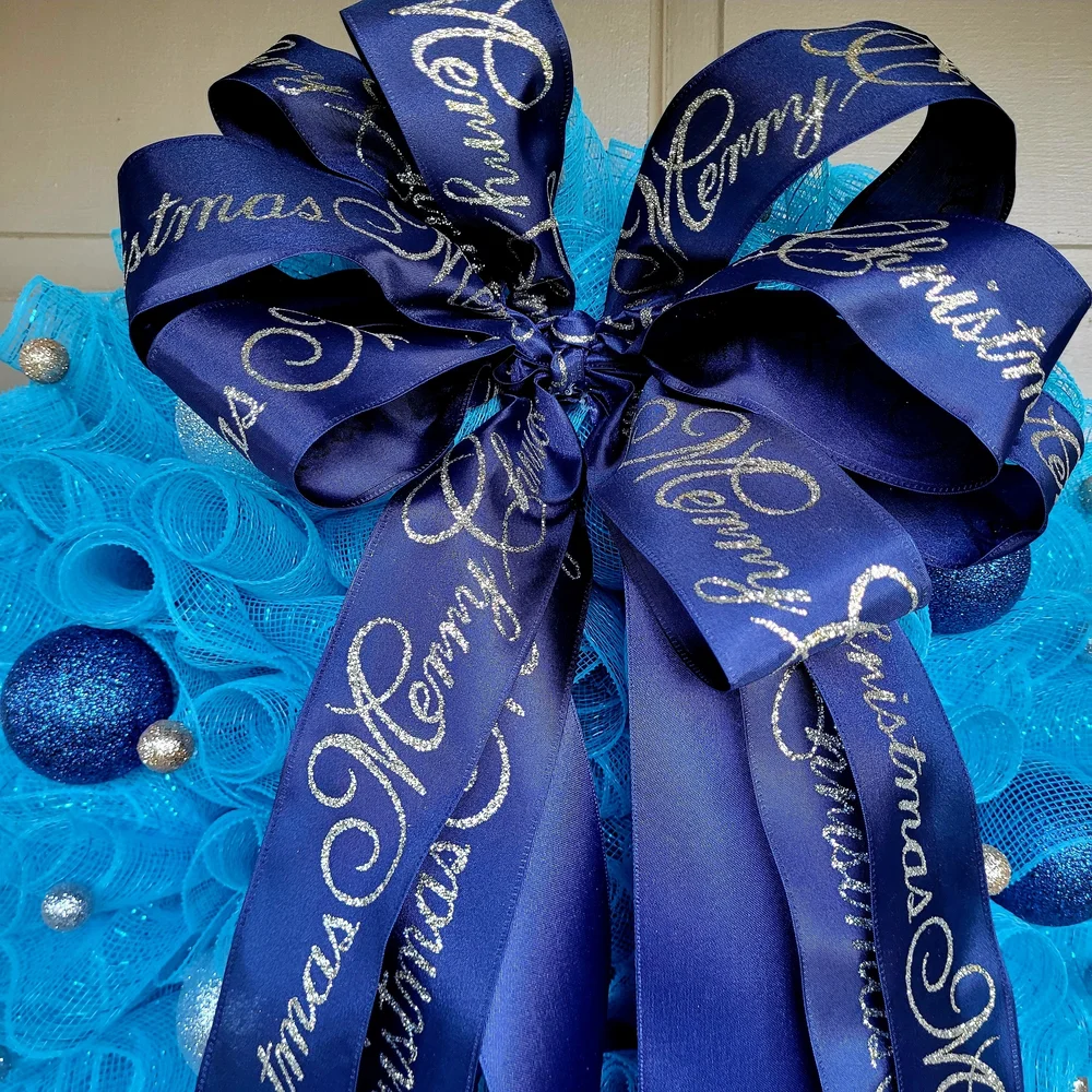 New Handmade Blue Christmas Wreath with Ribbon Accents